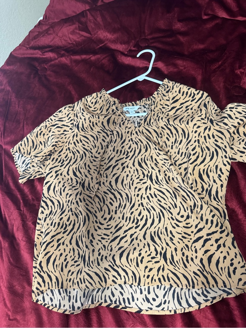 Nine West Tan and Black Animal-Print Short Sleeve Top